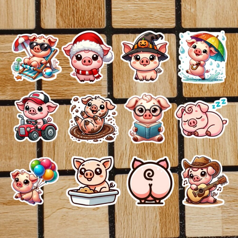 Cute Kawaii Pig Sticker Pack of 12 Vinyl Stickers Waterproof Pigs Sticker Set